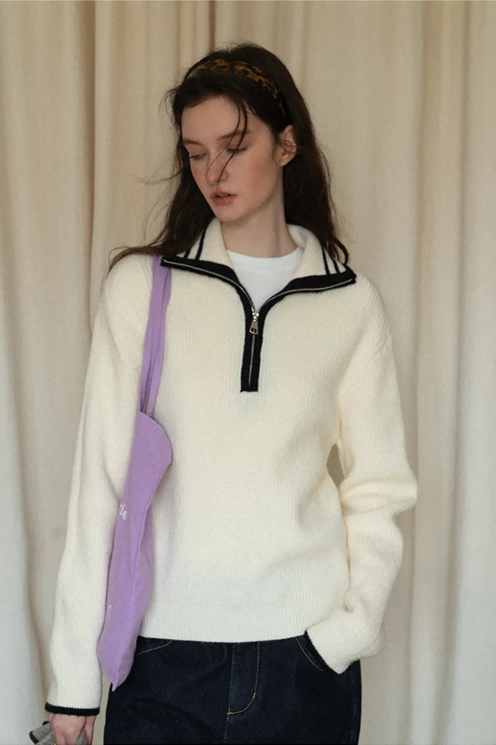 Women’s Sailor Collar Half Zip Sweater