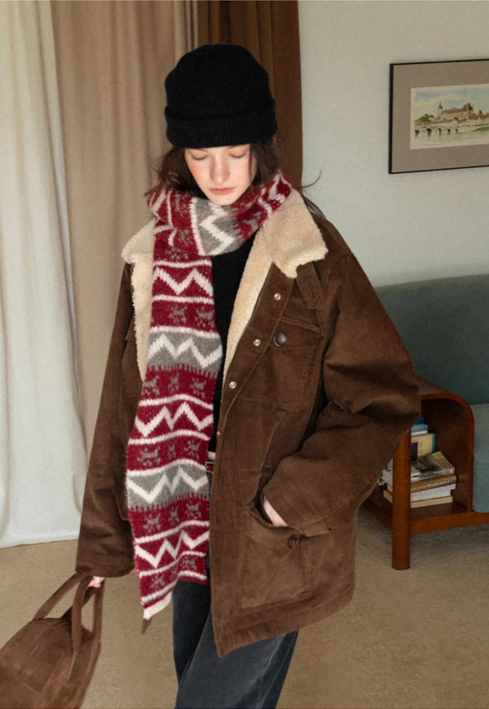 Women Casual Brown Corduroy Coat with Fleece Lining