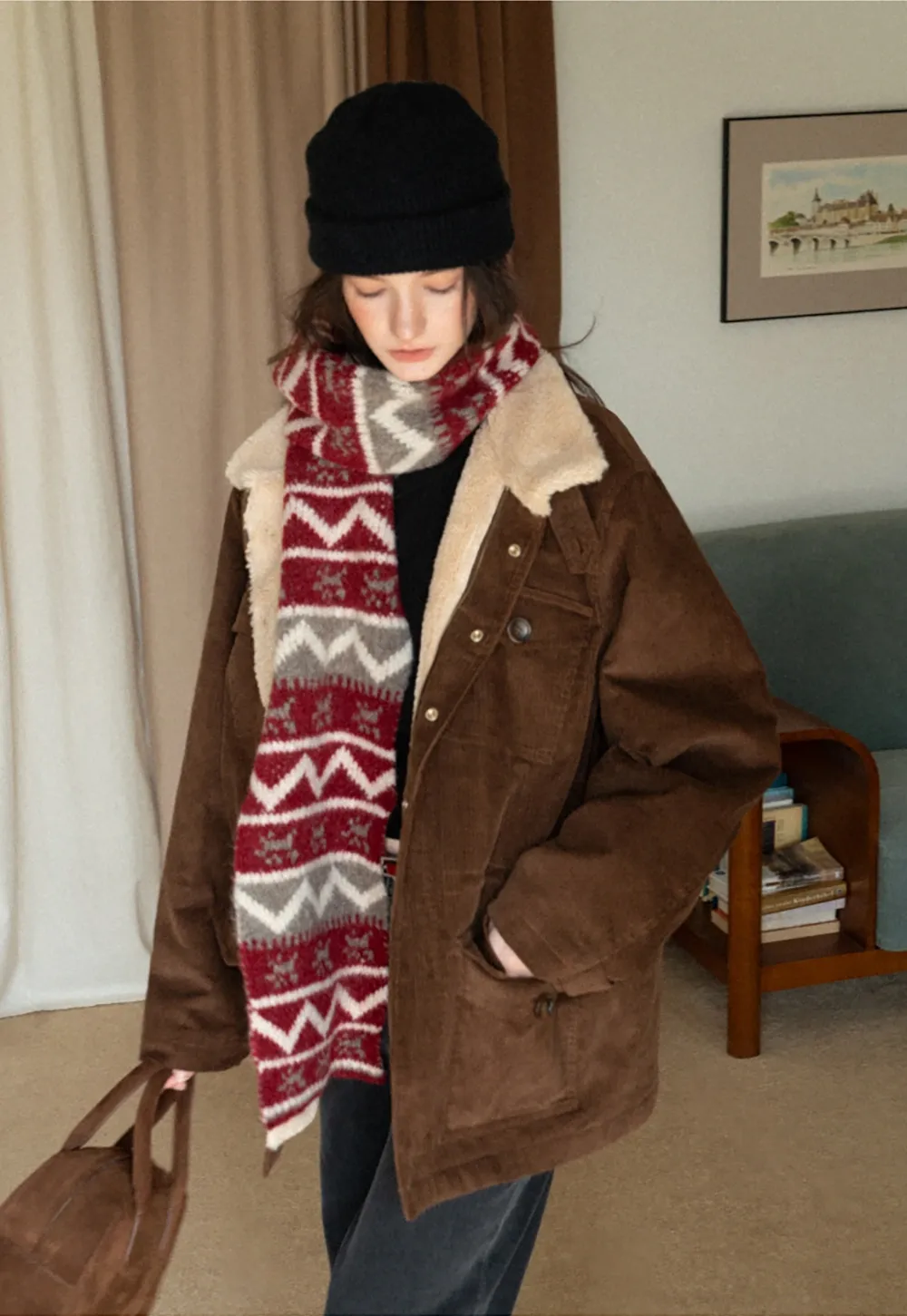 Women Casual Brown Corduroy Coat with Fleece Lining