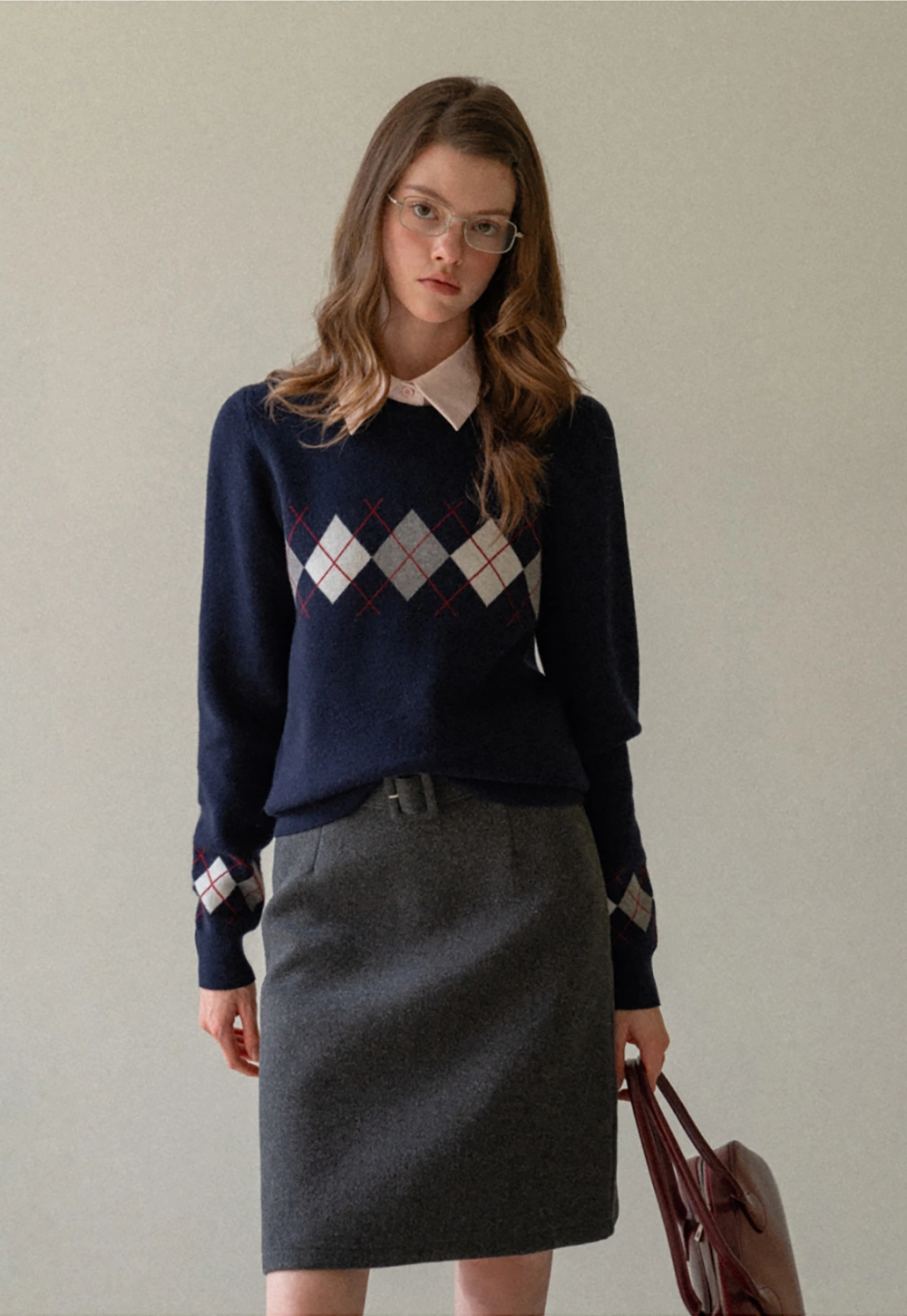 Navy Blue Sweater with Argyle Pattern for Women