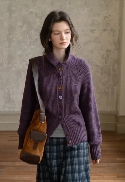 Color Button High Neck Ribbed Cardigan