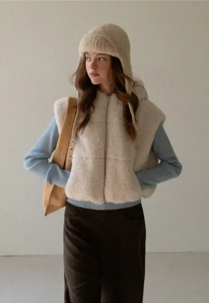 Faux Shearling Zip Vest in Beige