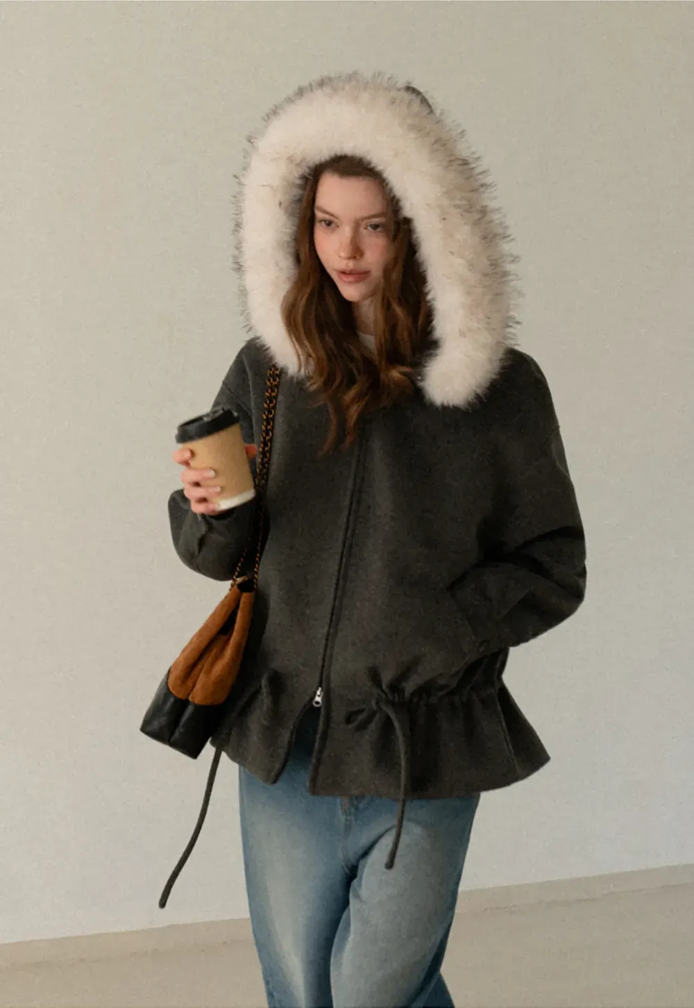 Faux-Fur Trim Hooded Charcoal Jacket