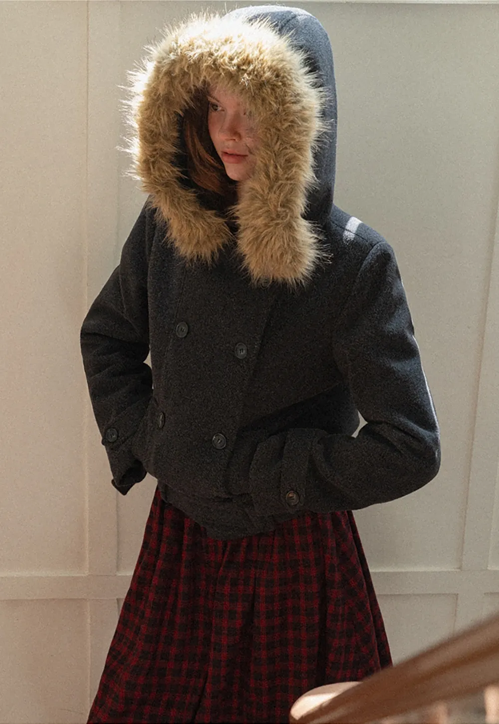 Hooded Wool Coat with Quilted Lining and Wool Collar