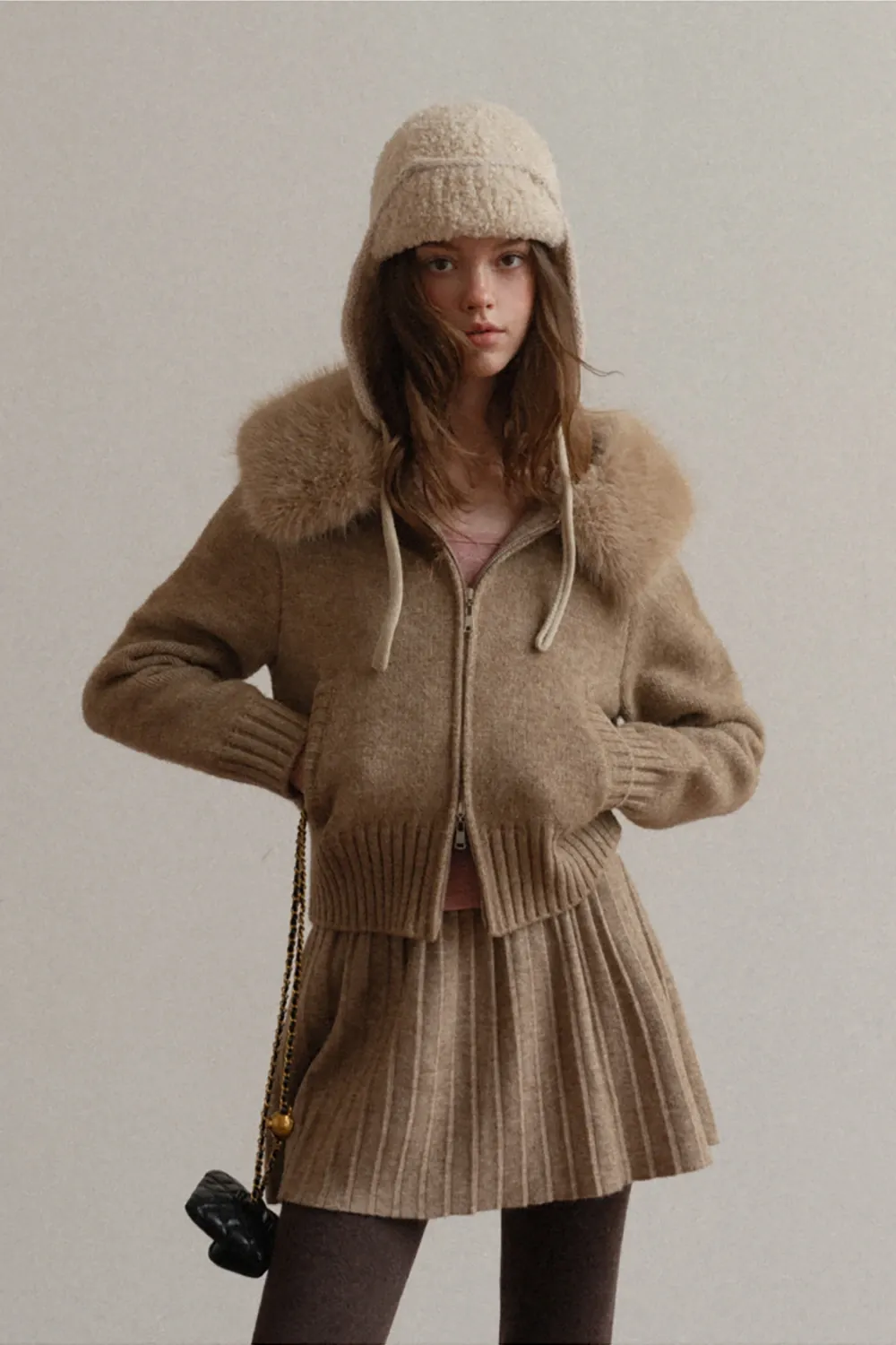 Zip Sweater and Pleated Skirt Combo