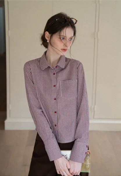 Women Classic Gingham Checkered Button-Up Shirt