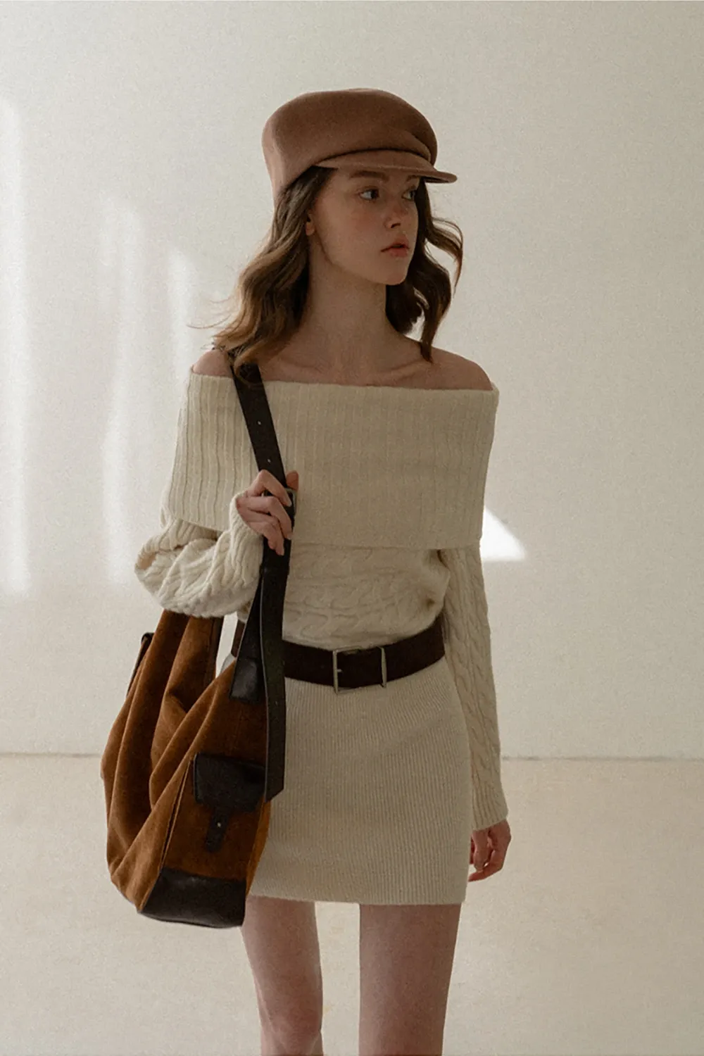 Off-Shoulder Cable Knit Waist-Cinching Dress