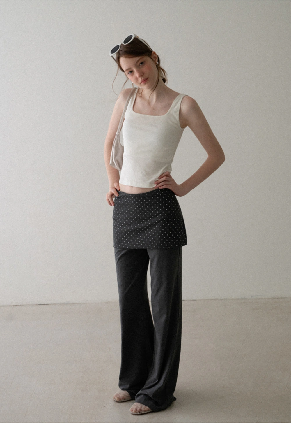 Polka Dot Overlay High Waist Wide Leg Casual Pants