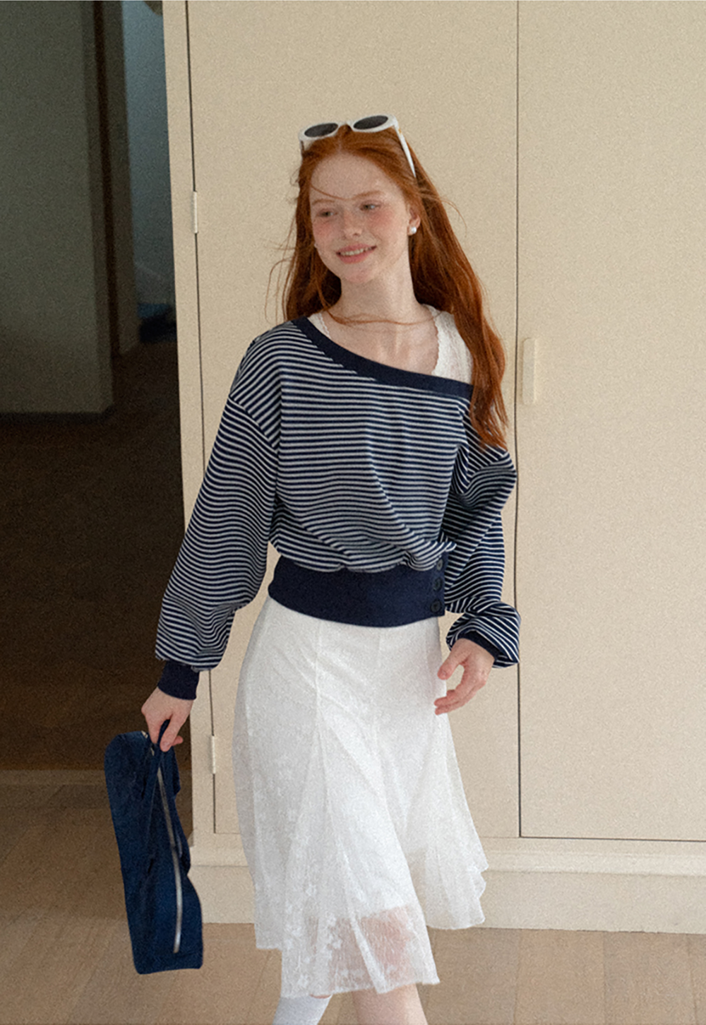 Off-the-Shoulder Striped Sweatshirt and Lace Tank Top Set