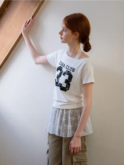 Graphic Off-Shoulder Ruched Tee