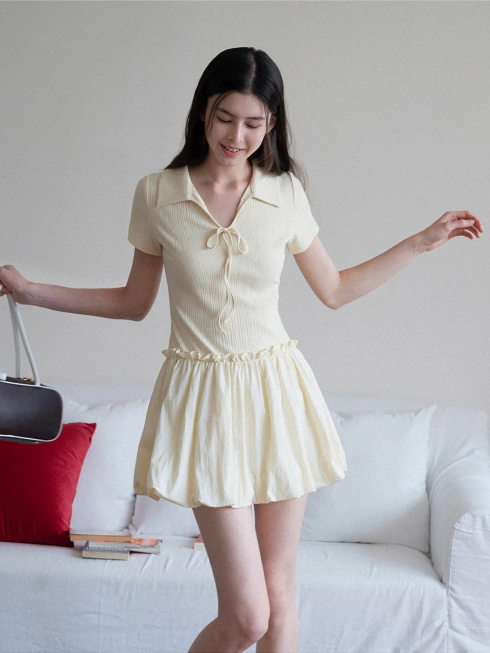 Women's Collared Knit Dress with Bow Tie and Ruffle Hem