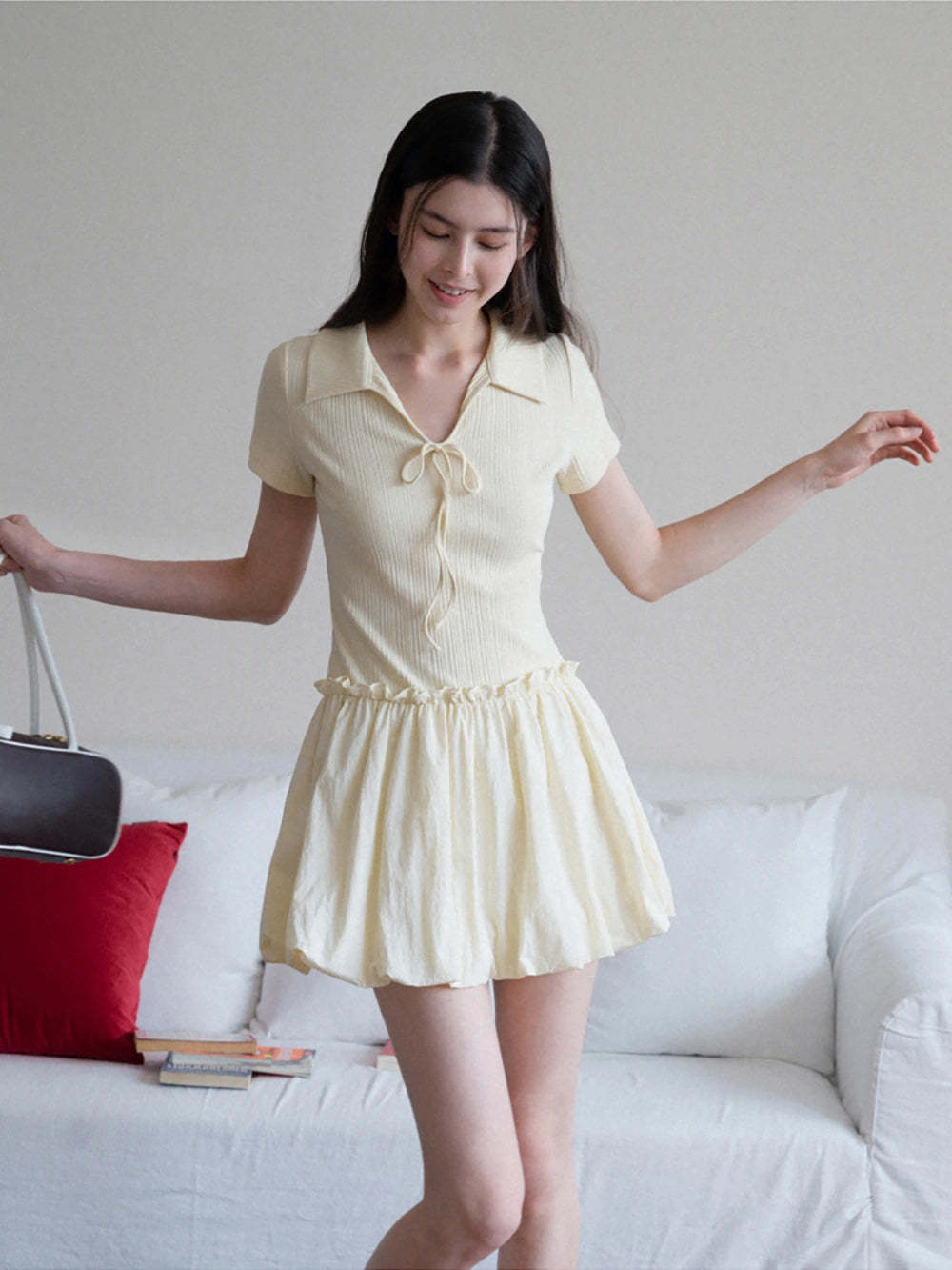 Women's Collared Knit Dress with Bow Tie and Ruffle Hem