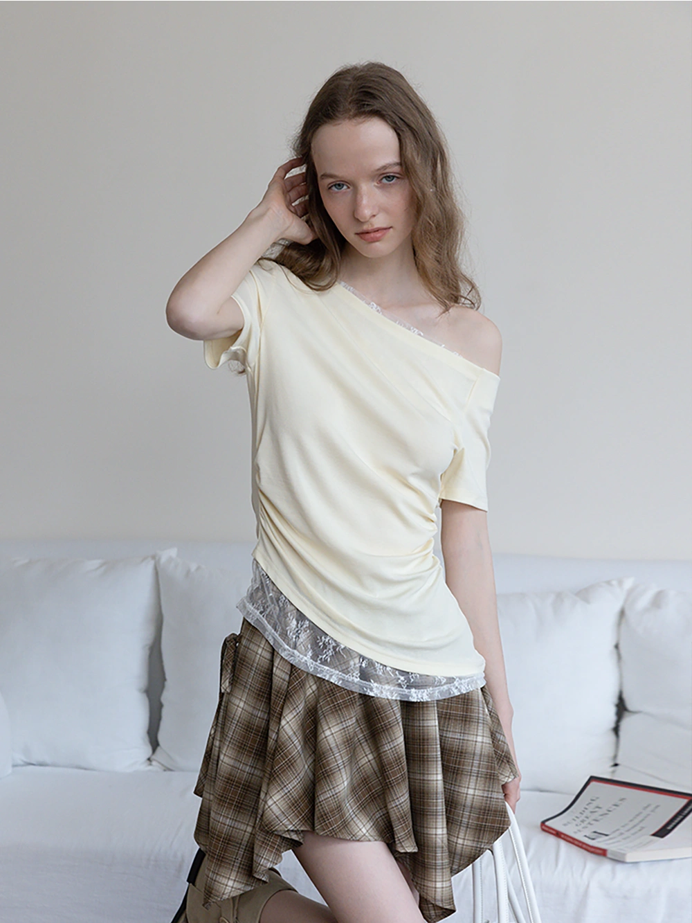 Asymmetrical Off-Shoulder Tee with Lace Hem