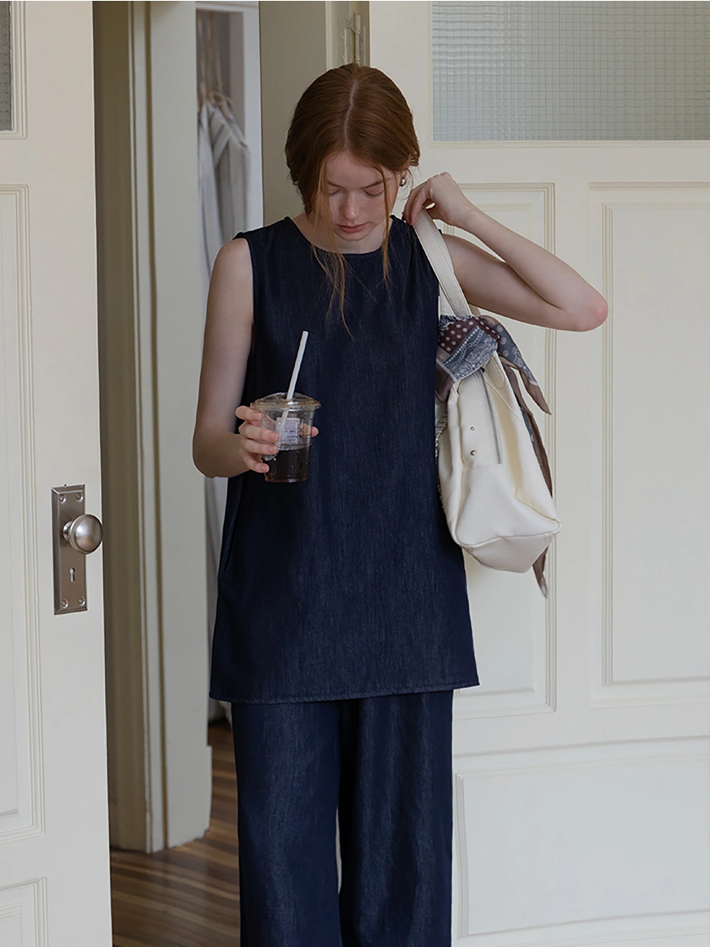 Sleeveless Denim Top and Wide-Leg Pants Set