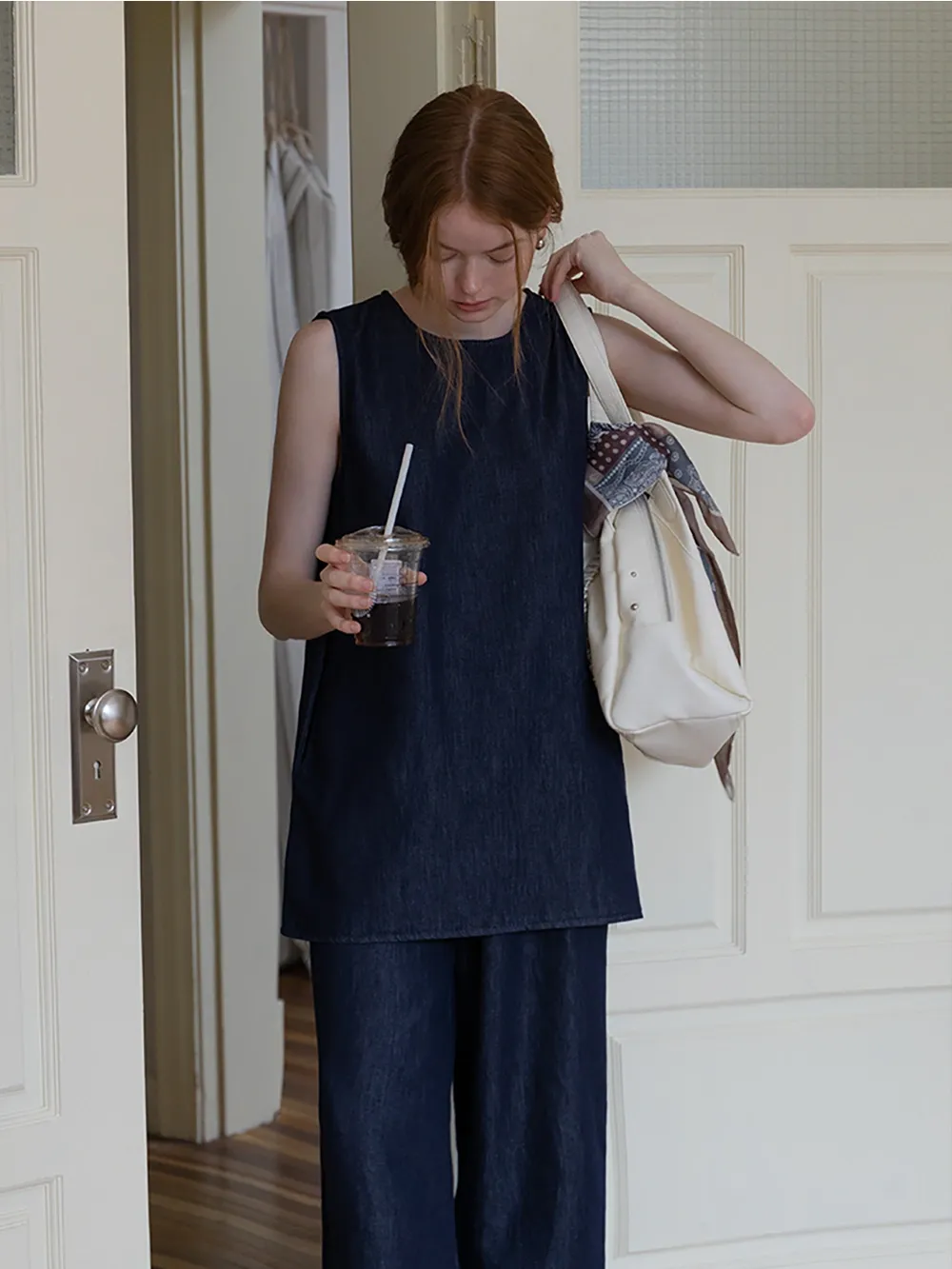 Sleeveless Denim Top and Wide-Leg Pants Set