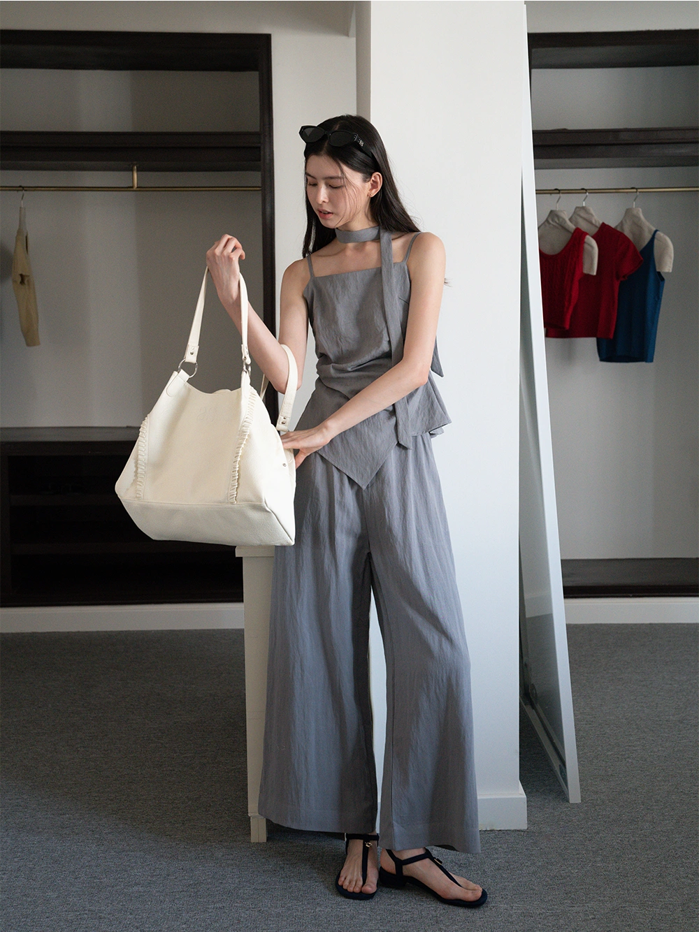 Women's 2 Piece Set – Asymmetrical Strap Top and Wide Leg Pants Outfit