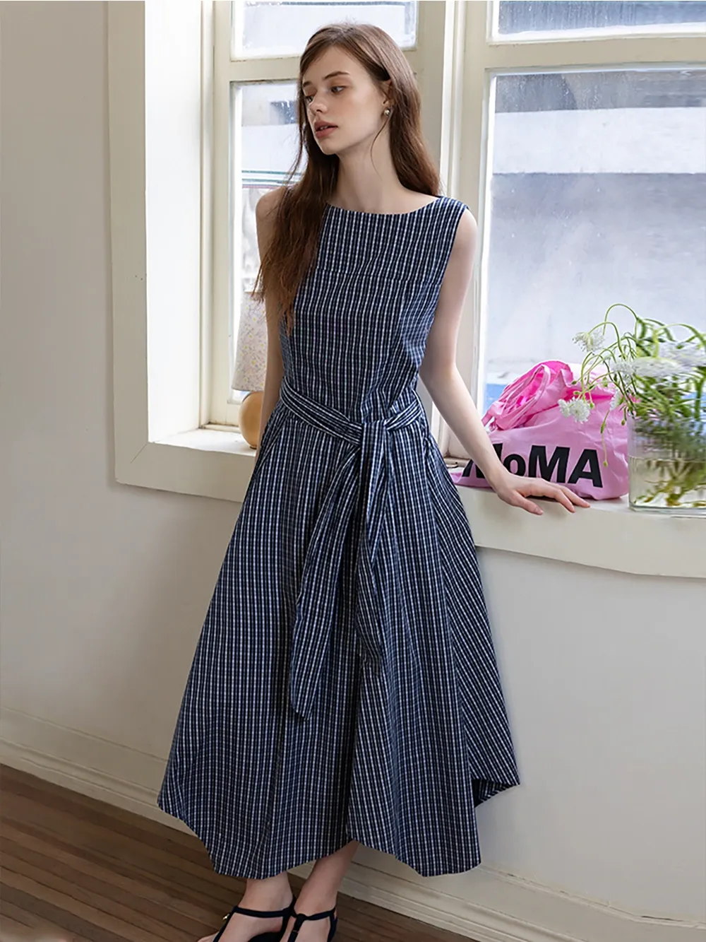 Sleeveless Gingham Belted Dress