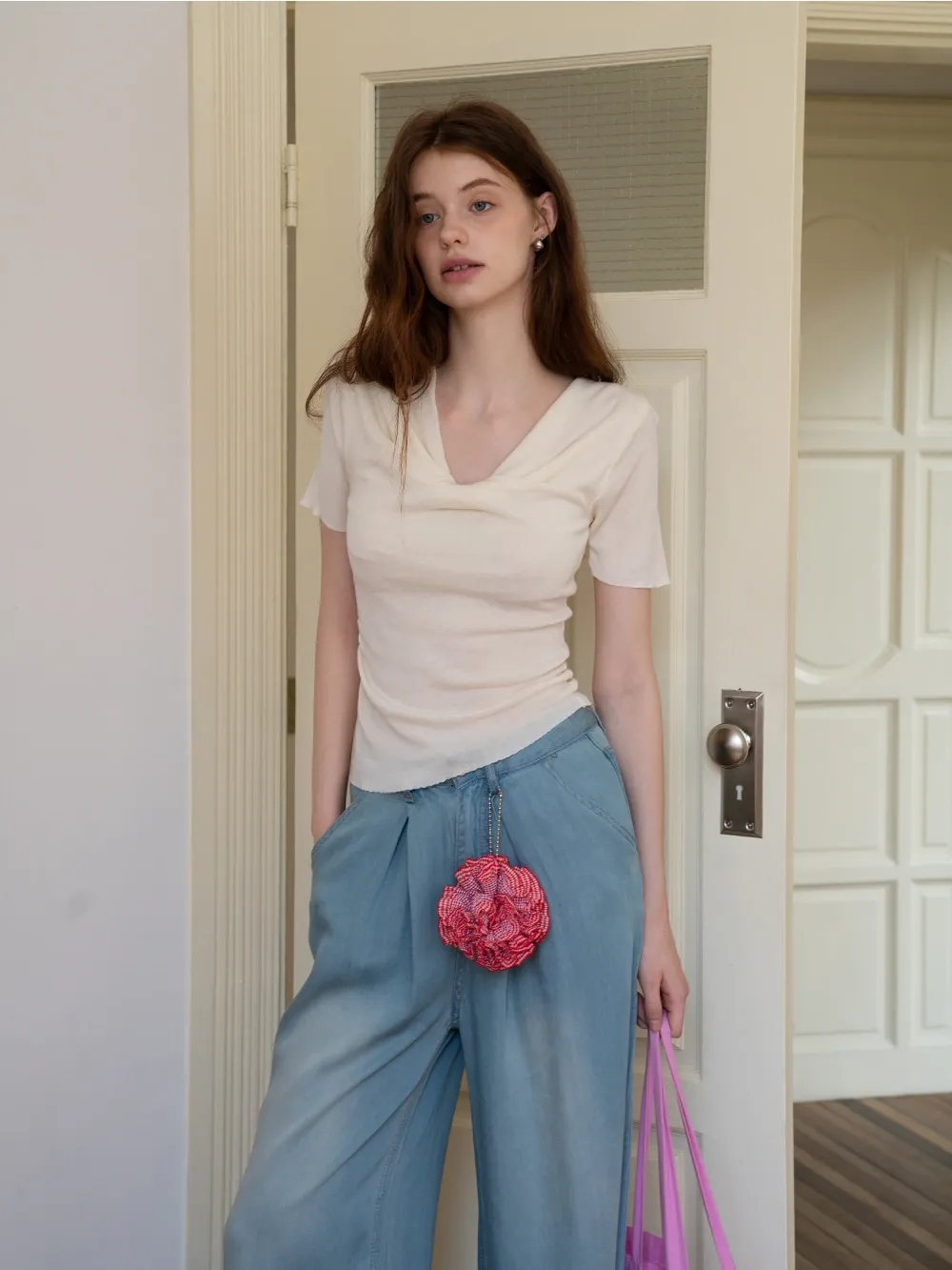 Relaxed Pleated Wide-Leg Denim Trousers