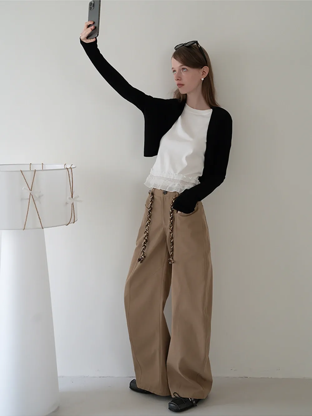 Wide-Leg Trousers with Braided Drawstring Detail