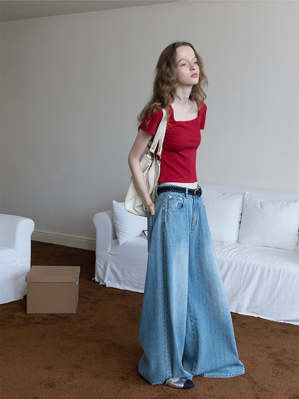 Square Neck Ribbed Tee with Bow Detail