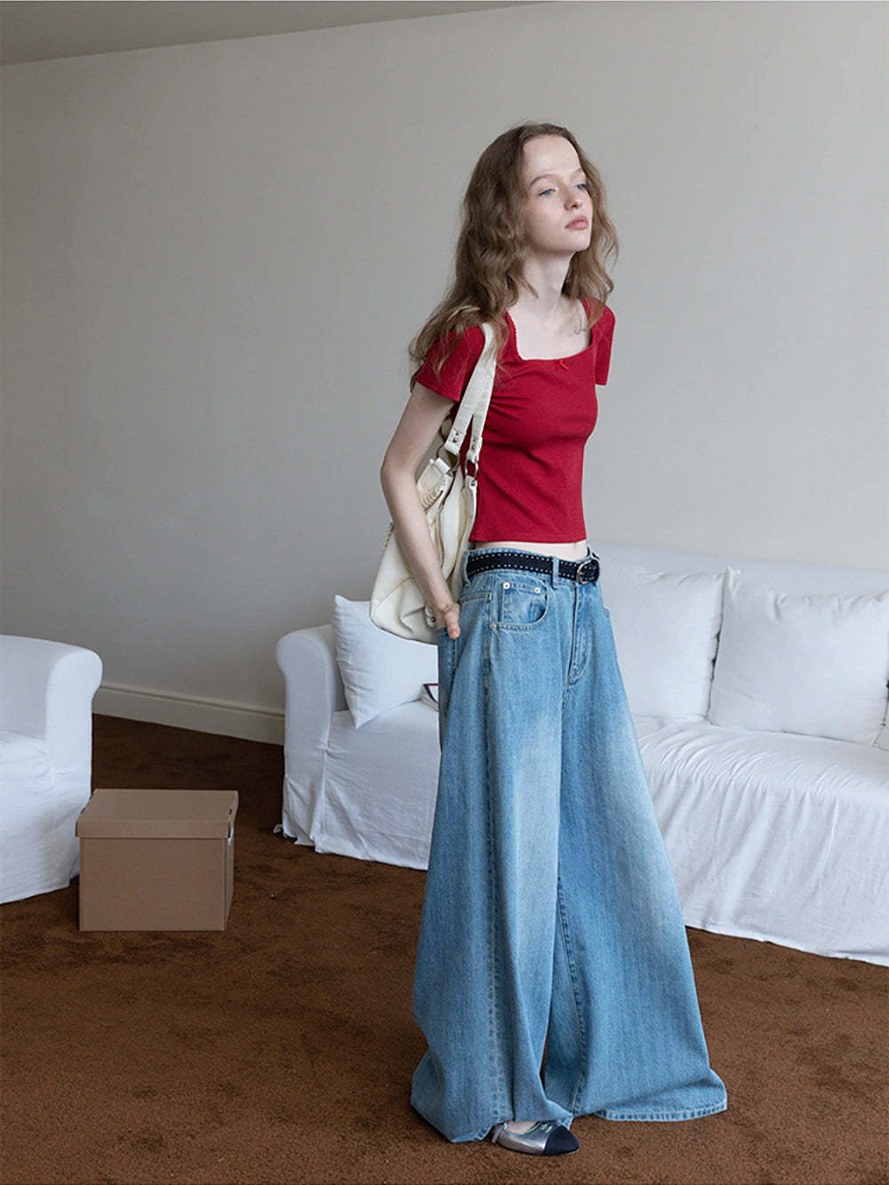 Square Neck Ribbed Tee with Bow Detail