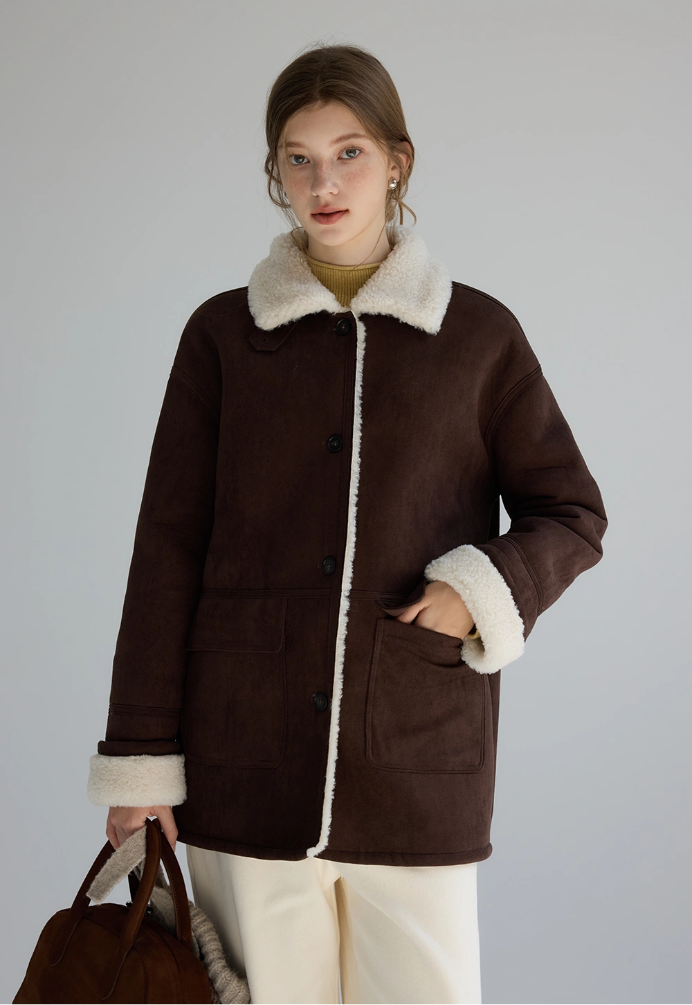 Brown Faux Shearling-Lined Coat