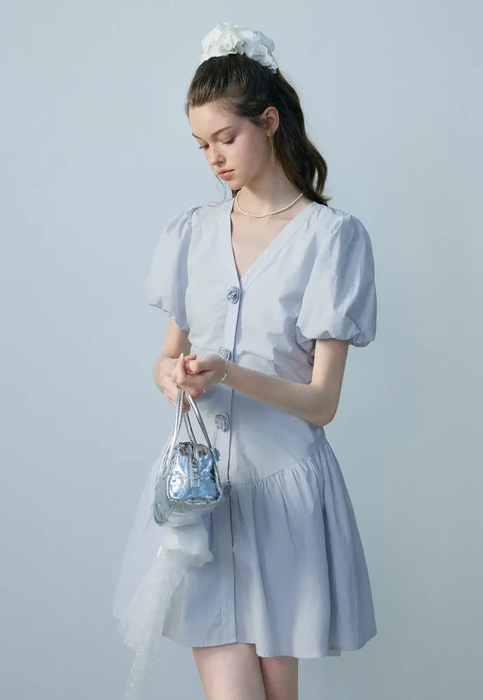 Women's V-Neck Puff Sleeve Mini Dress