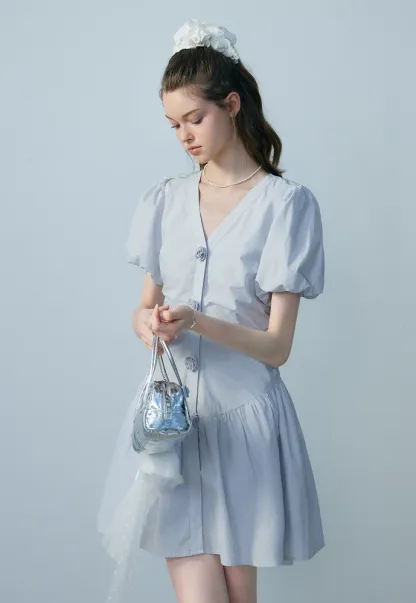 Women's V-Neck Puff Sleeve Mini Dress