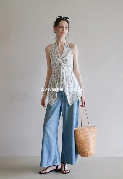 Women’s Floral Twist Halter Peplum Top