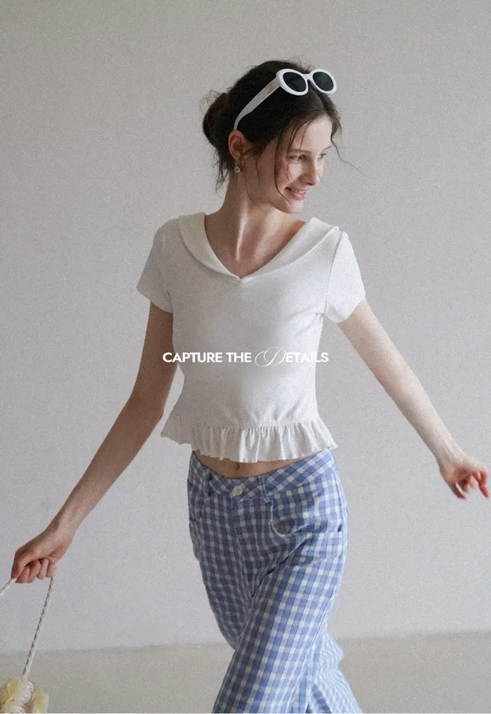 Women’s Sailor Collar Ruffle Hem Short-Sleeve Tee