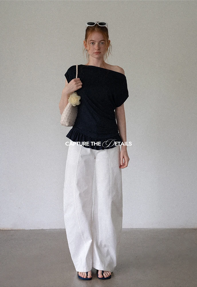 Women’s Striped Asymmetric Ruffle-Hem Tee
