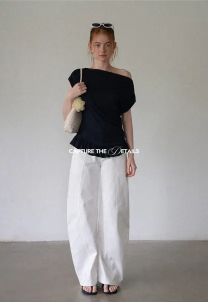 Women’s Striped Asymmetric Ruffle-Hem Tee