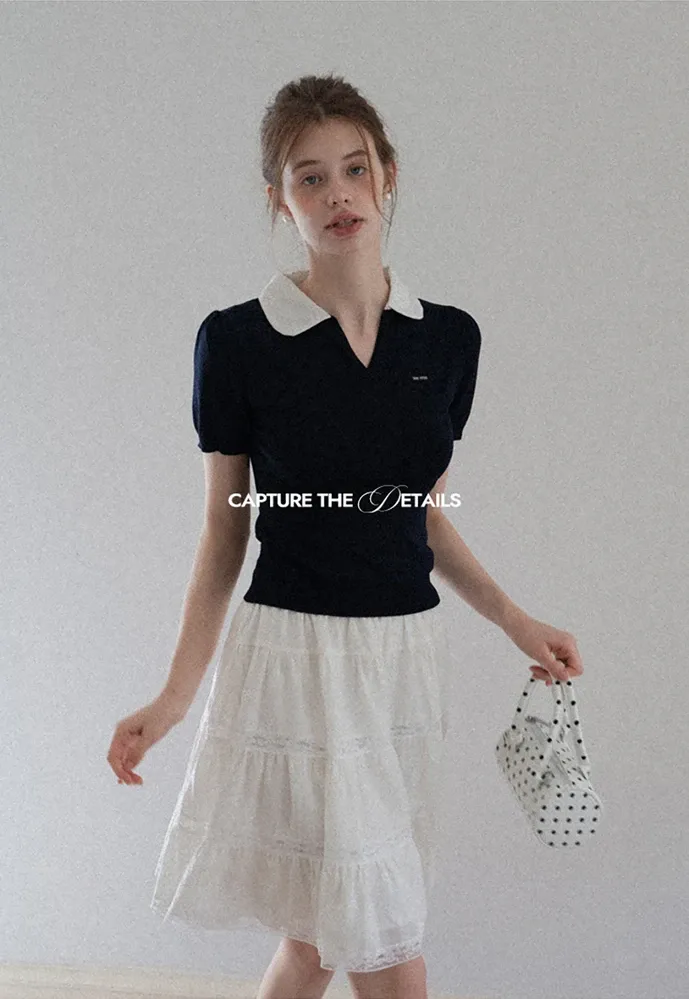Women Contrast Collar Knit Polo Top