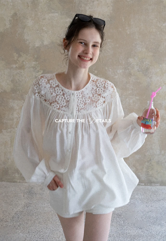 Women Lace Yoke Bishop Sleeve Button Down Blouse