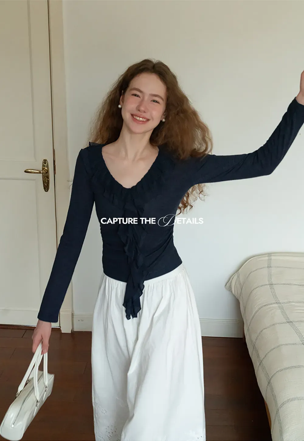 Ruffled V-Neck Long Sleeve Top