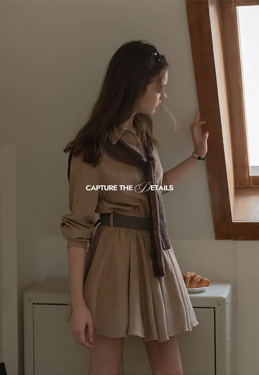 Belted Shirt Dress with Knit Scarf