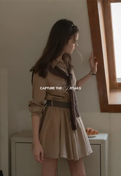Belted Shirt Dress with Knit Scarf