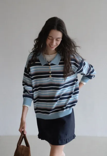 Womens Striped Polo Sweater