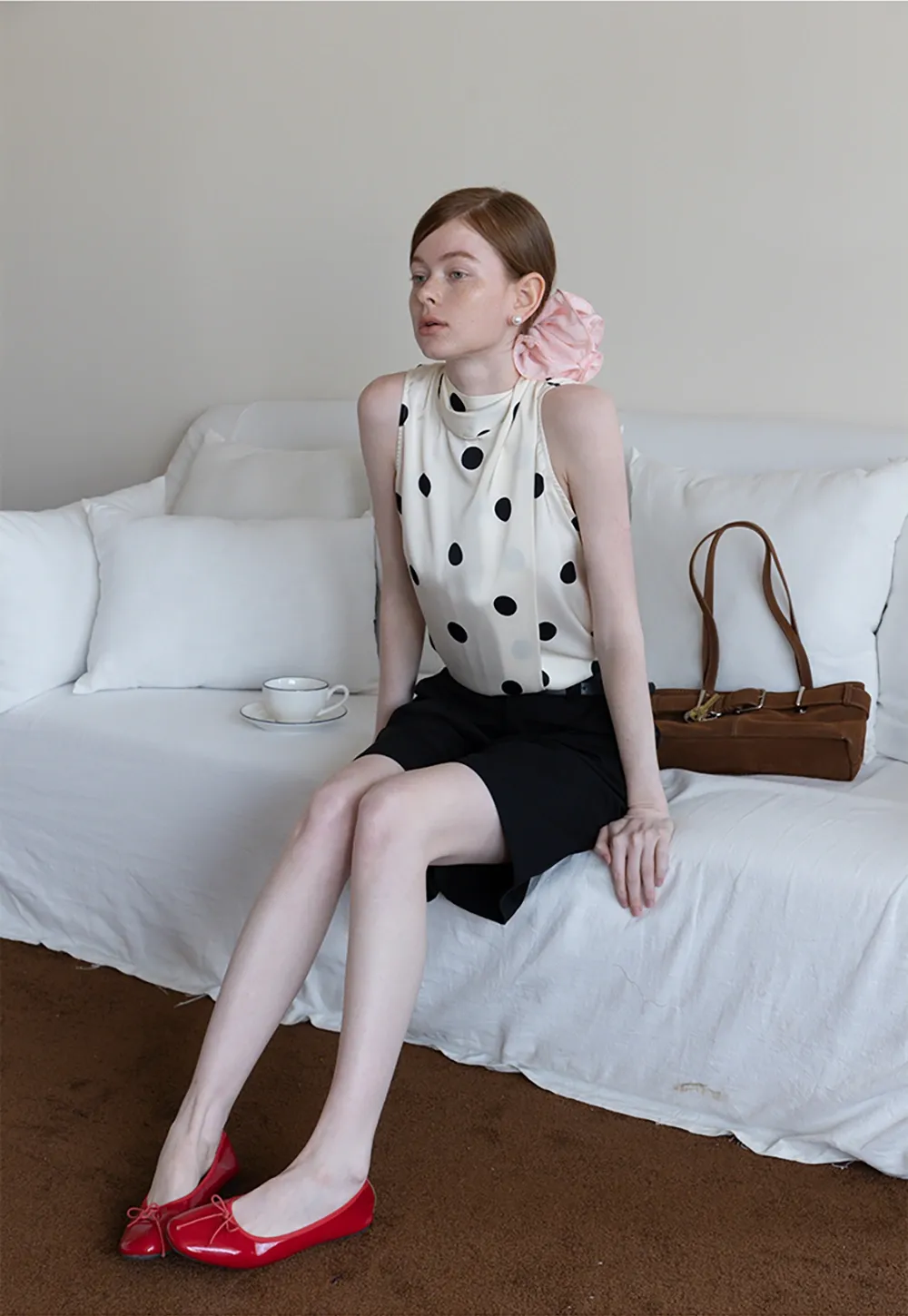 Women's Sleeveless Polka Dot Blouse with Scarf Detail