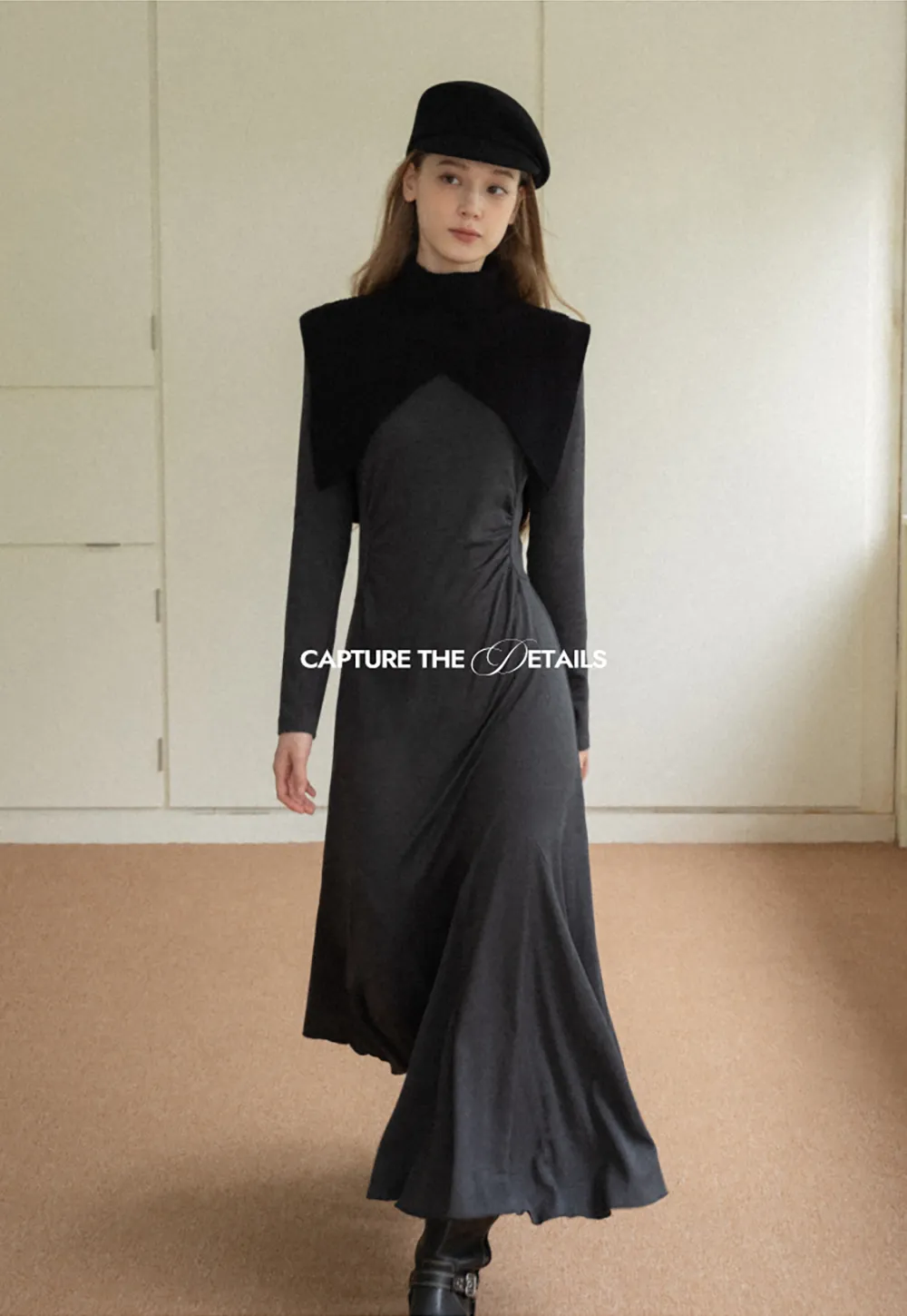 Ruched Waist Long Sleeve Midi Dress