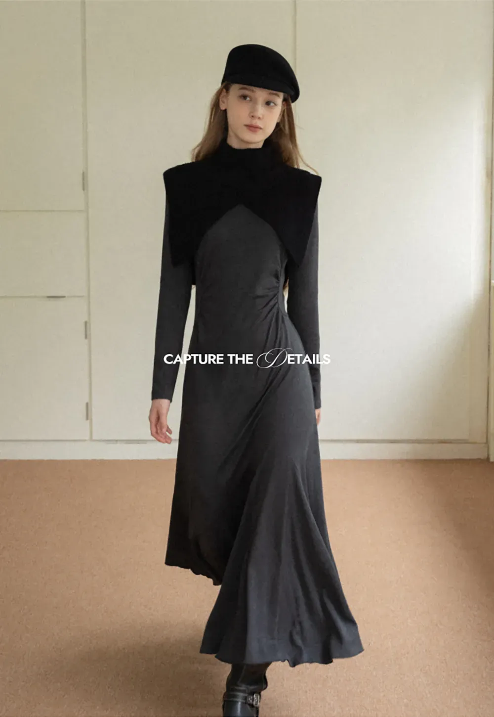 Ruched Waist Long Sleeve Midi Dress