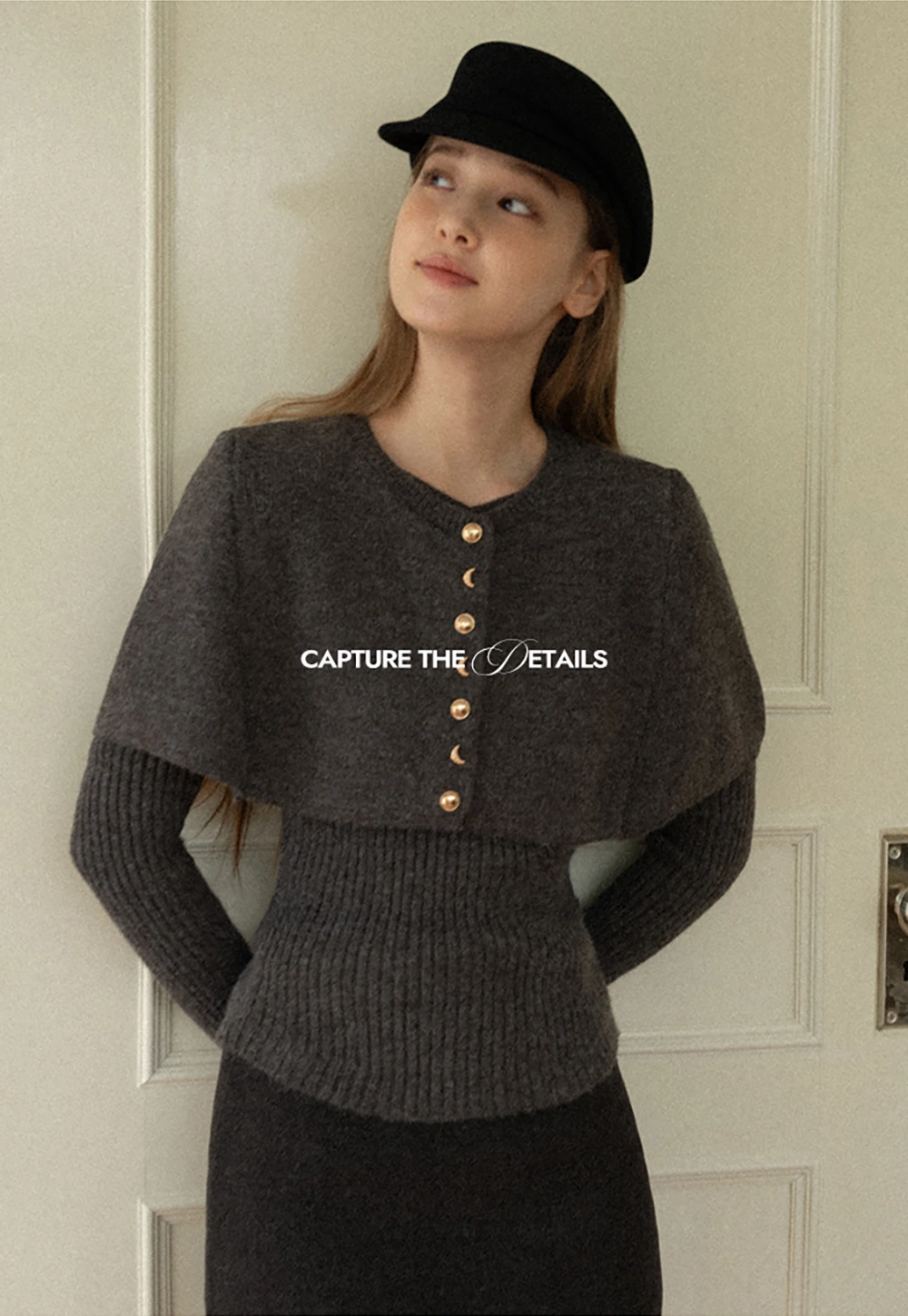 Cropped Buttoned Cape with V-Neck Fitted Thick Knit Sweater