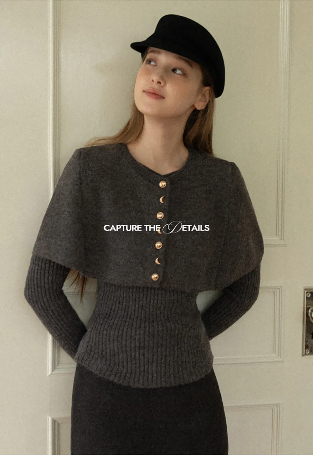 Cropped Buttoned Cape with V-Neck Fitted Thick Knit Sweater