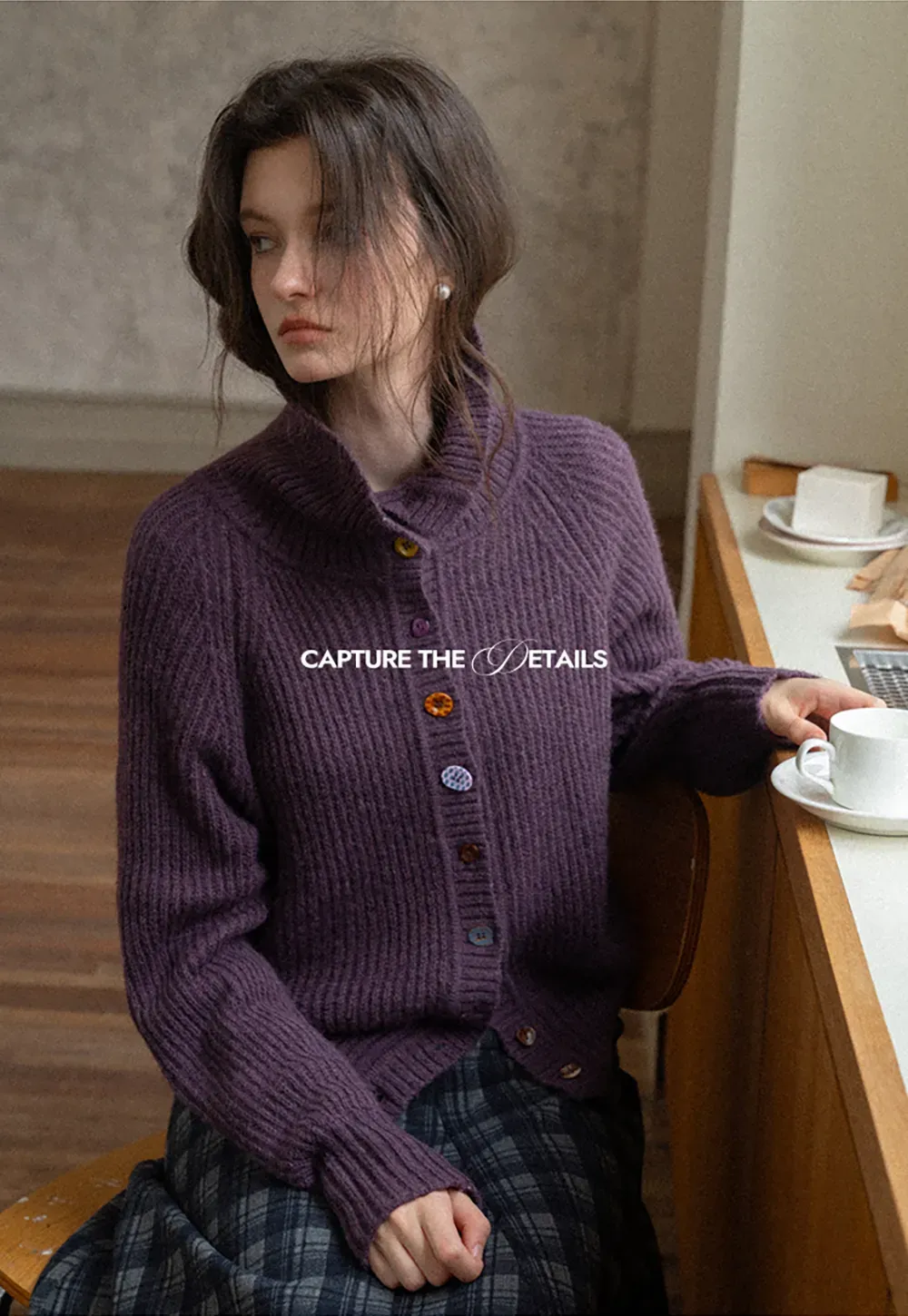 Color Button High Neck Ribbed Cardigan