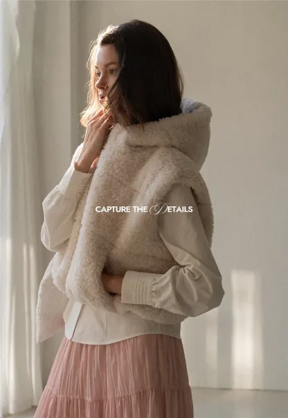 Faux Shearling Zip Vest in Beige