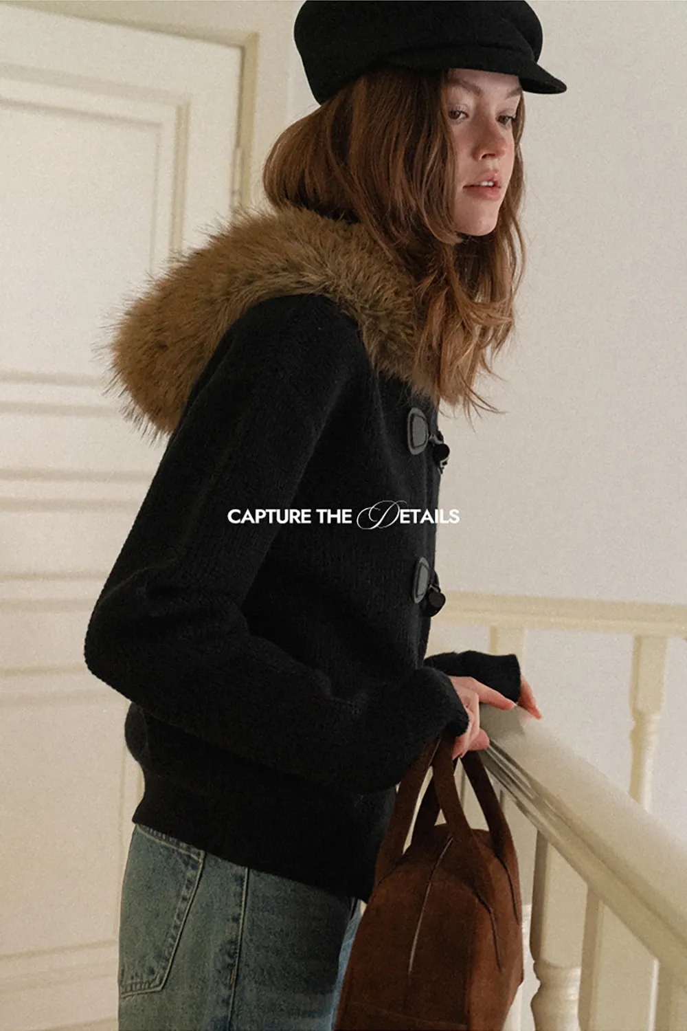 Faux Fur Hooded Cable Knit Sweater