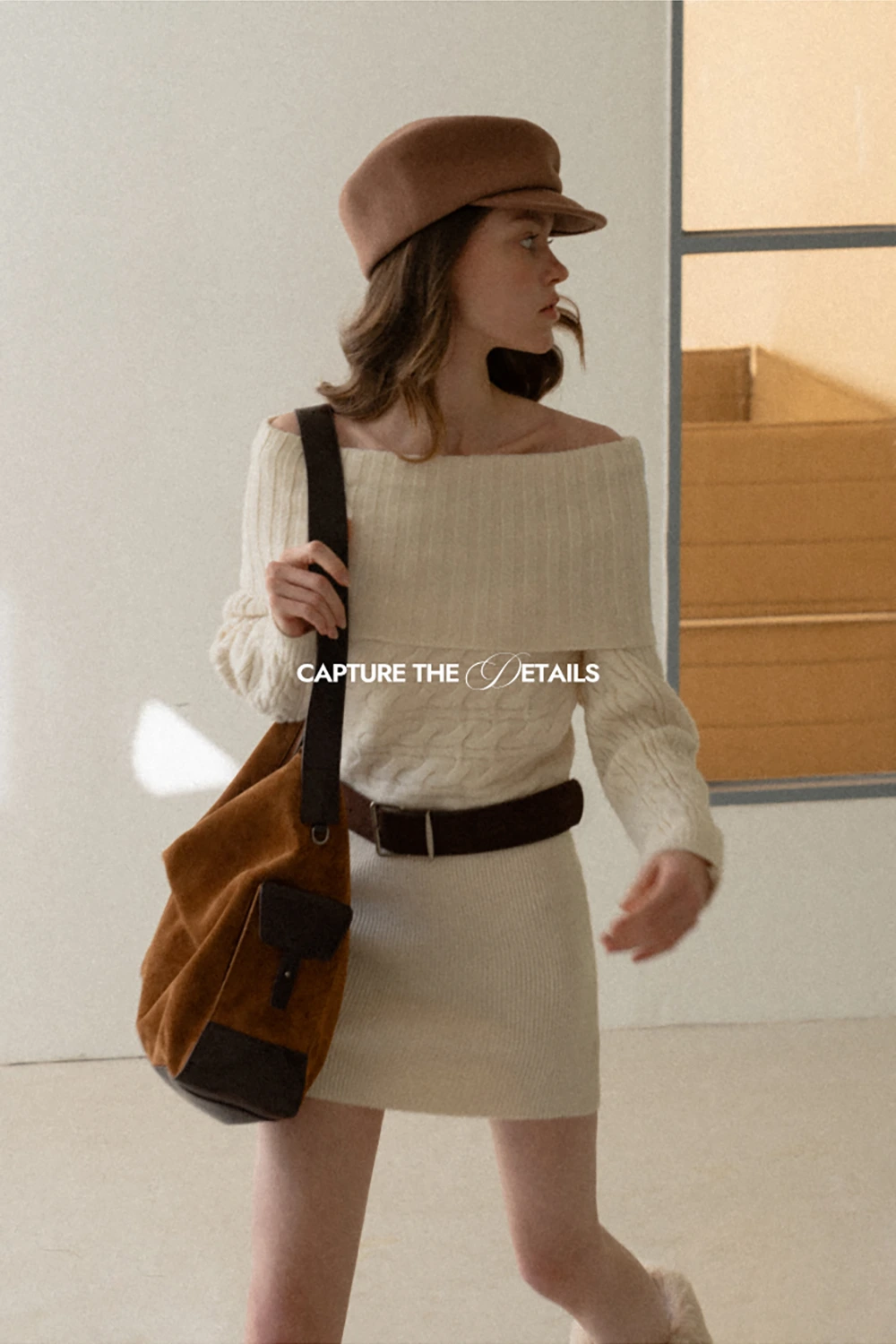 Off-Shoulder Cable Knit Waist-Cinching Dress