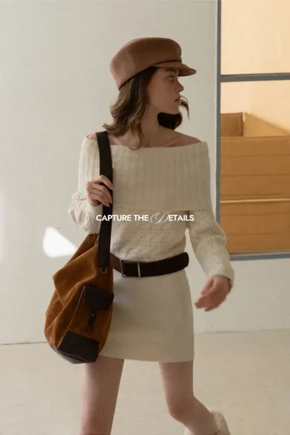 Off-Shoulder Cable Knit Waist-Cinching Dress