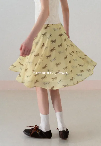 Horse Print Flared Midi Skirt