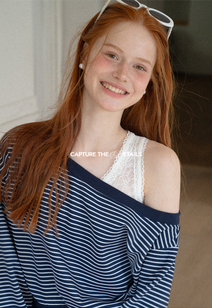 Off-the-Shoulder Striped Sweatshirt and Lace Tank Top Set